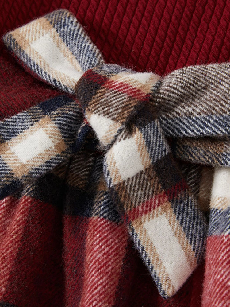 Family Matching Solid Ribbed Spliced Plaid Belted Dresses and Long-sleeve Button Up Shirts Sets MAROON