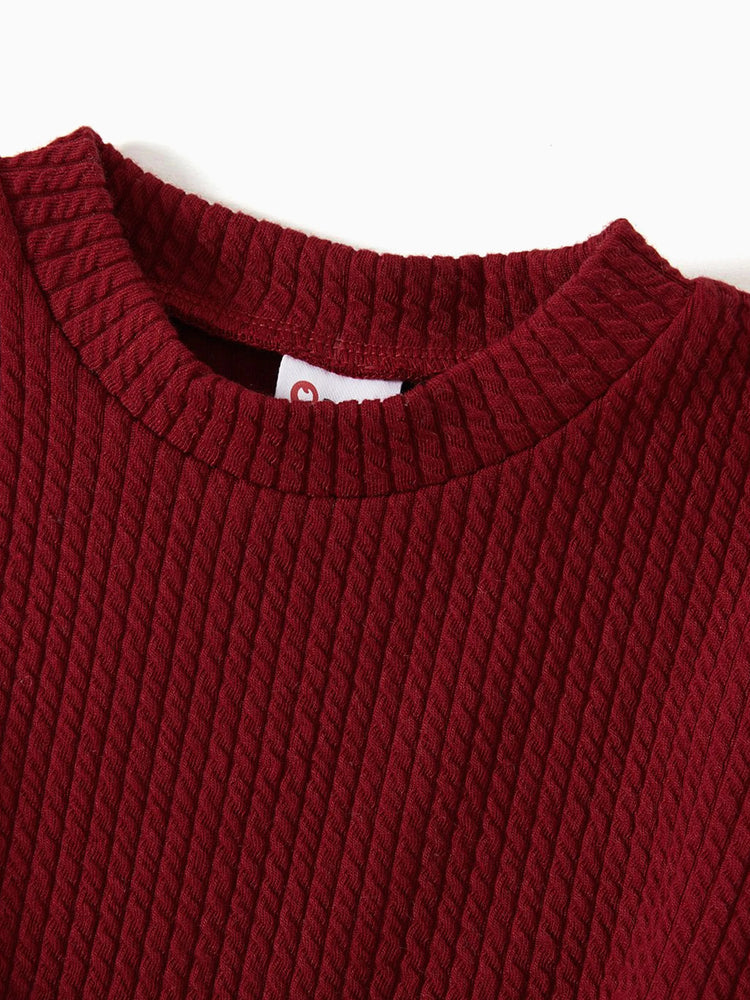 Family Matching Solid Ribbed Spliced Plaid Belted Dresses and Long-sleeve Button Up Shirts Sets MAROON