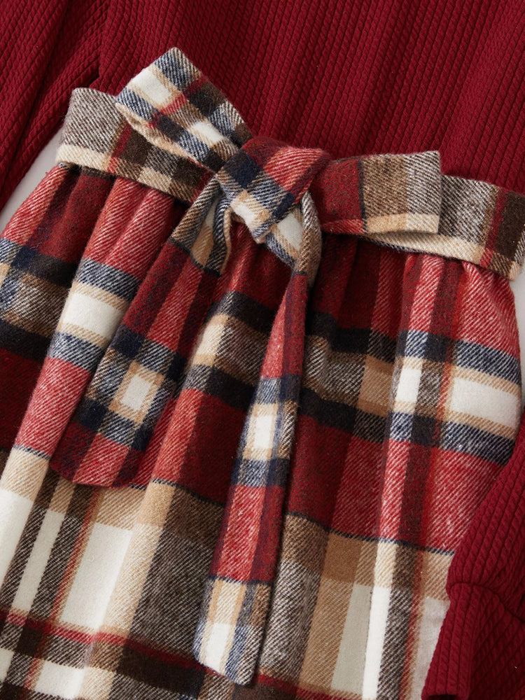 Family Matching Solid Ribbed Spliced Plaid Belted Dresses and Long-sleeve Button Up Shirts Sets MAROON