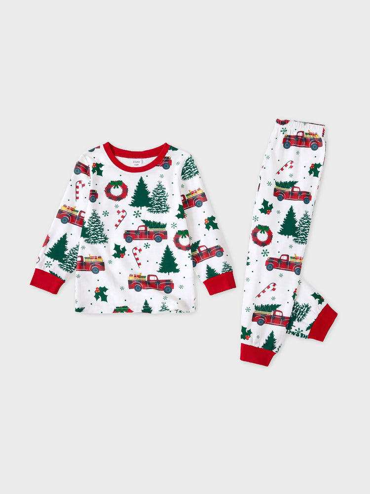 Ensemble pyjama de Noël à manches longues et imprimé arbre de Noël et voiture, multicolore