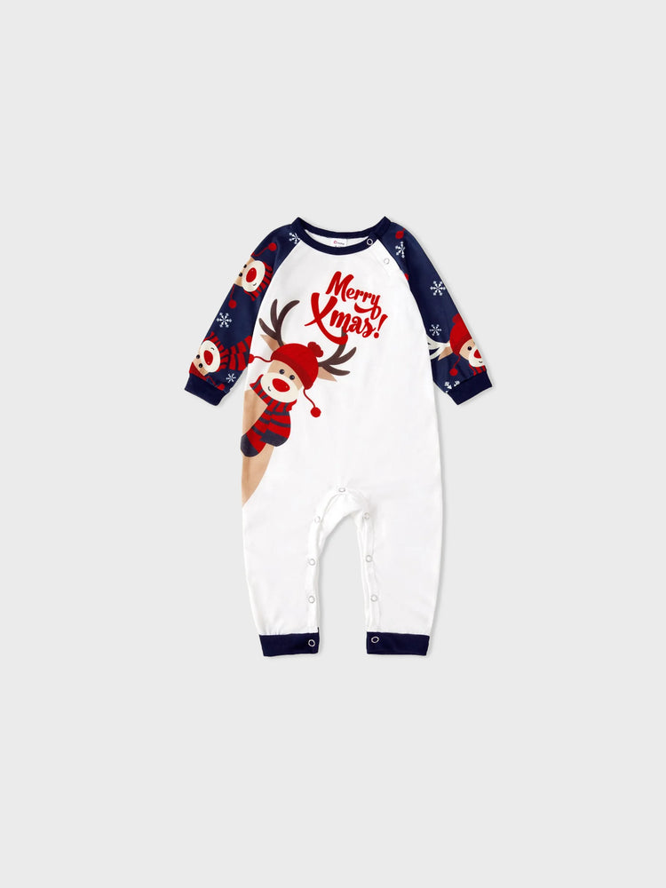 Pyjama de Noël familial à motif renne, manches raglan, grands motifs, avec chaussettes de Noël, bleu foncé/blanc/rouge