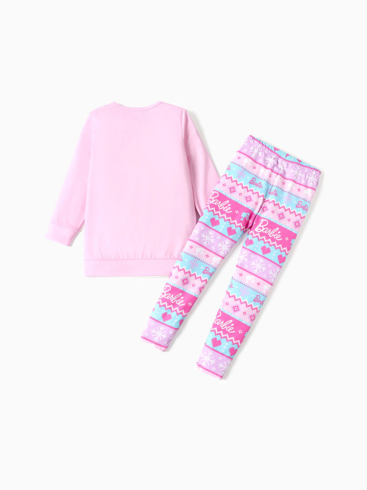 Barbie 2pcs Kid Girl Christmas Snowflake Print Sweatshirt and Elasticized Pants Set Pink