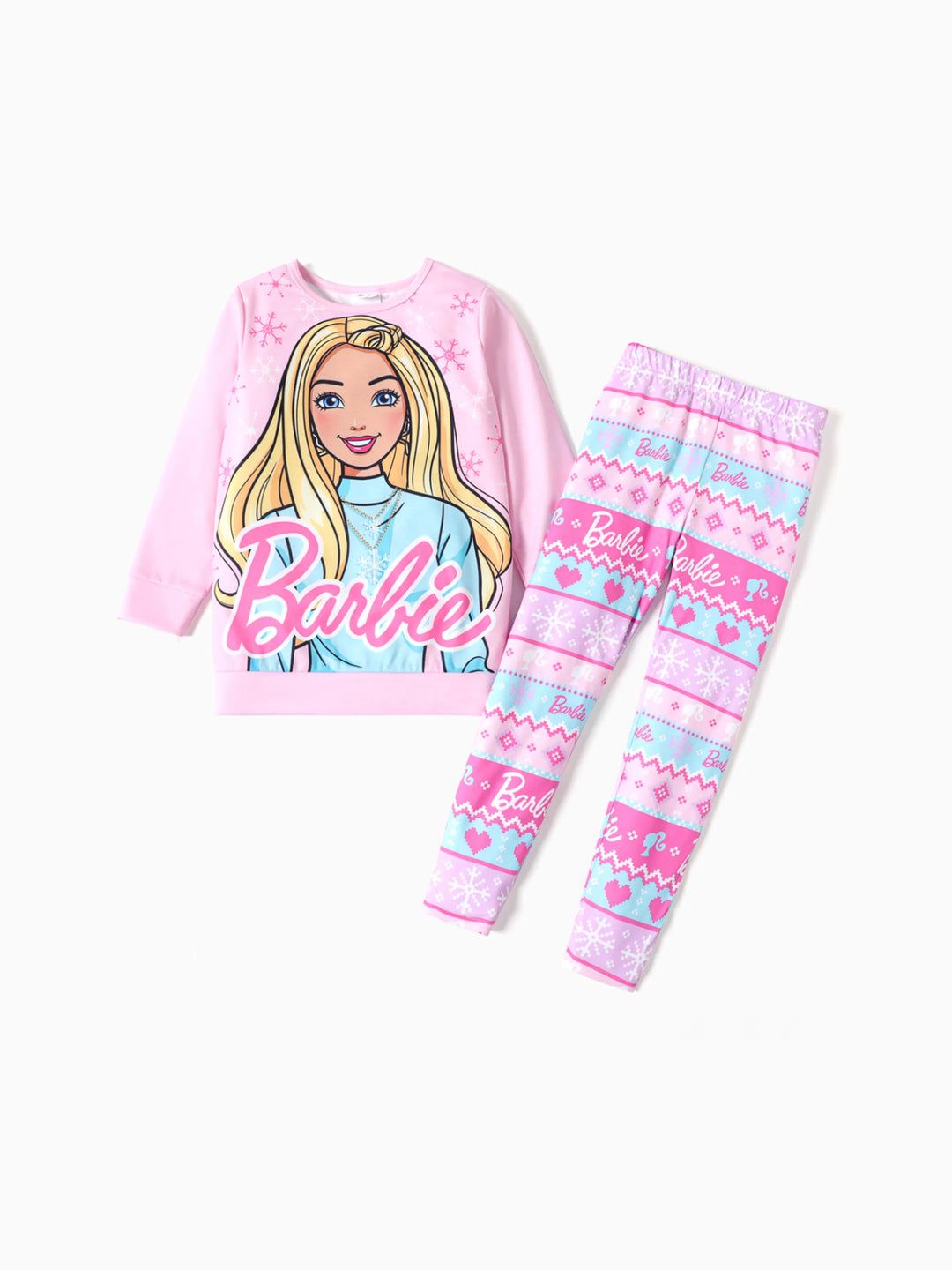 Barbie 2-teiliges Kinder-Mädchen-Weihnachts-Schneeflocken-Druck-Sweatshirt und elastische Hosen-Set rosa