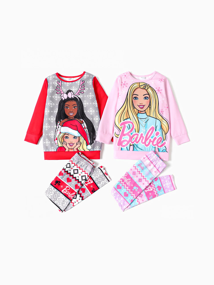 Barbie 2pcs Kid Girl Christmas Snowflake Print Sweatshirt and Elasticized Pants Set Pink