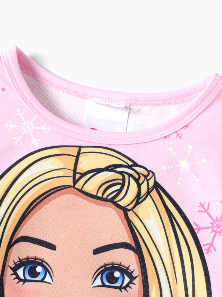 Barbie 2pcs Kid Girl Christmas Snowflake Print Sweatshirt and Elasticized Pants Set Pink