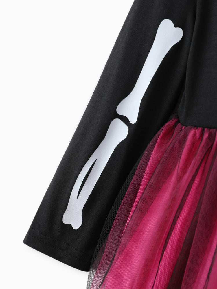 Robe noire à imprimé squelette pour petite fille, en maille épissée, pour Halloween