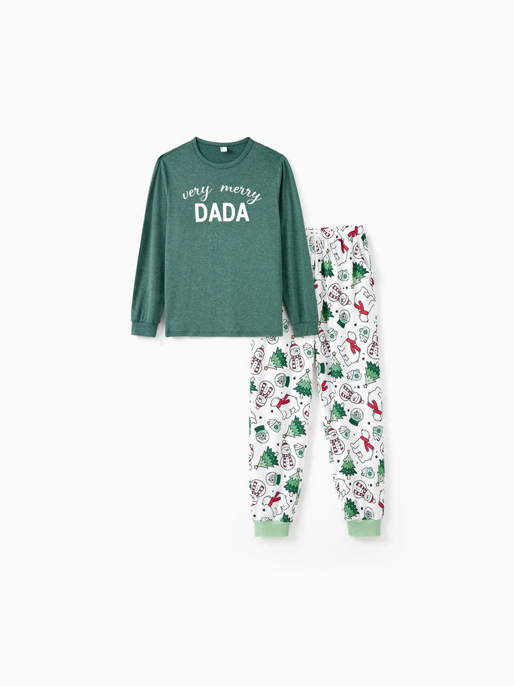 Ensemble pyjama de Noël à manches longues et pantalon assortis pour toute la famille, haut vert très joyeux, motifs variés et chaussettes de Noël (M, printemps, vert)