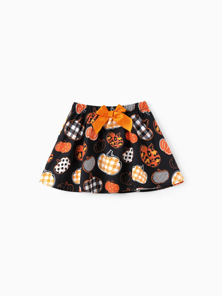 Ensemble 3 pièces t-shirt et jupe avec bandeau pour petite fille, motif Halloween, noir