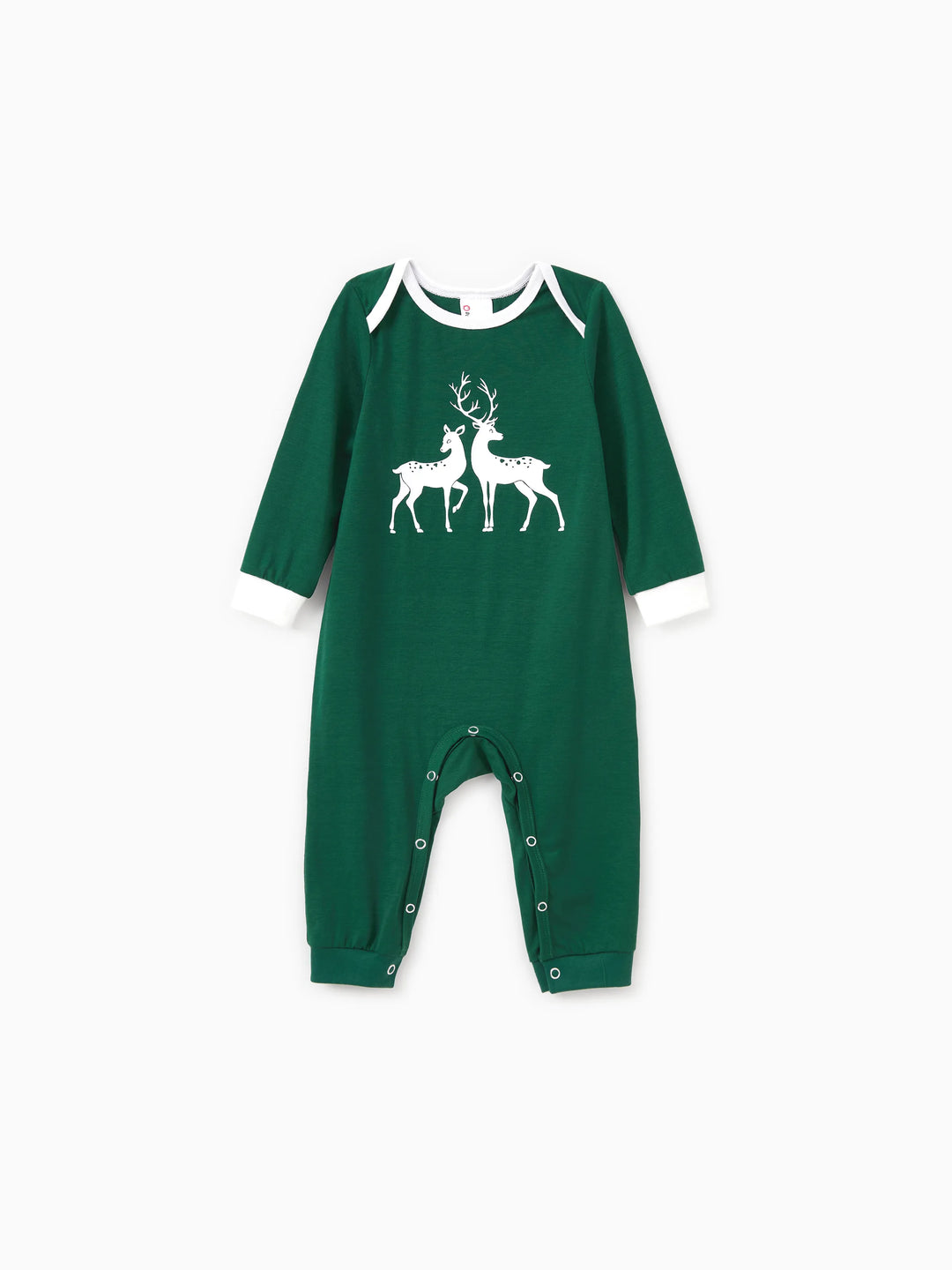 Conjunto de pijama familiar navideño con renos que brillan en la oscuridad, pantalones con estampado completo y calcetines navideños de color verde negruzco.