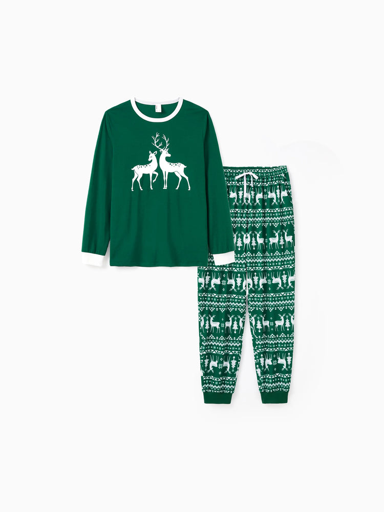 Weihnachtliche Familien-Matching-Pyjamas mit leuchtendem Rentier-Print, Allover-Muster-Hose und Weihnachtssocken, schwarzgrün