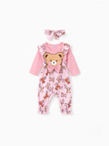 Baby Girl Bear Style Embroidered Floral Jumpsuit Pink