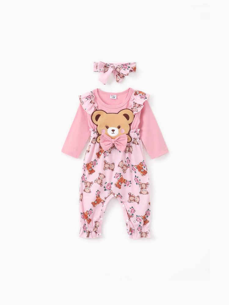 Baby Girl Bear Style Embroidered Floral Jumpsuit Pink