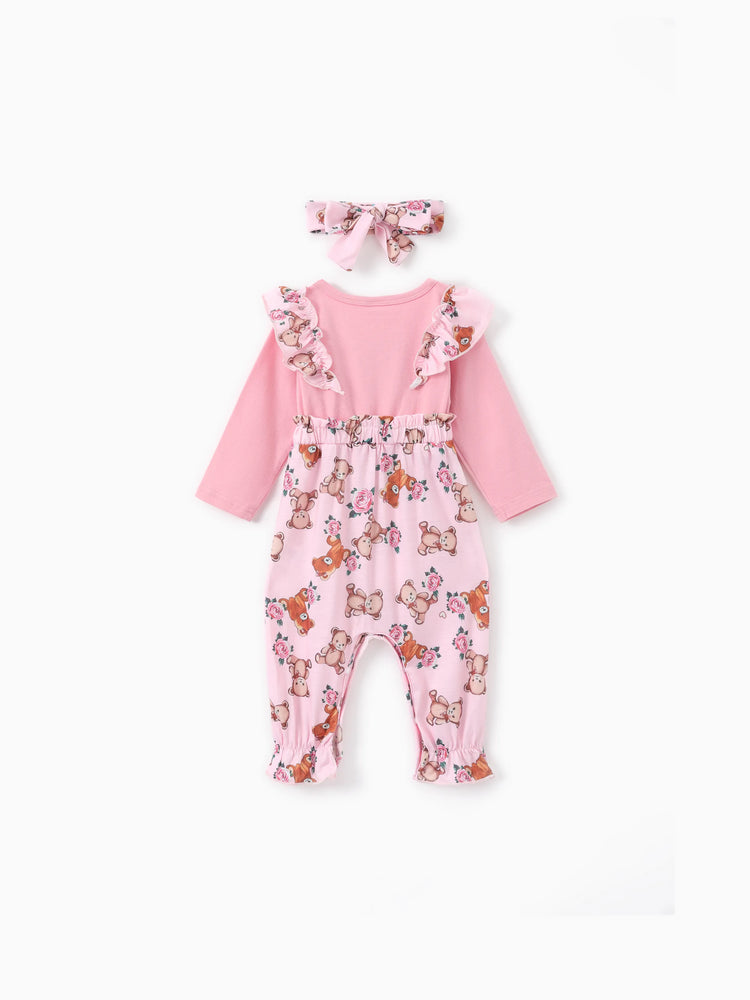 Baby Girl Bear Style Embroidered Floral Jumpsuit Pink