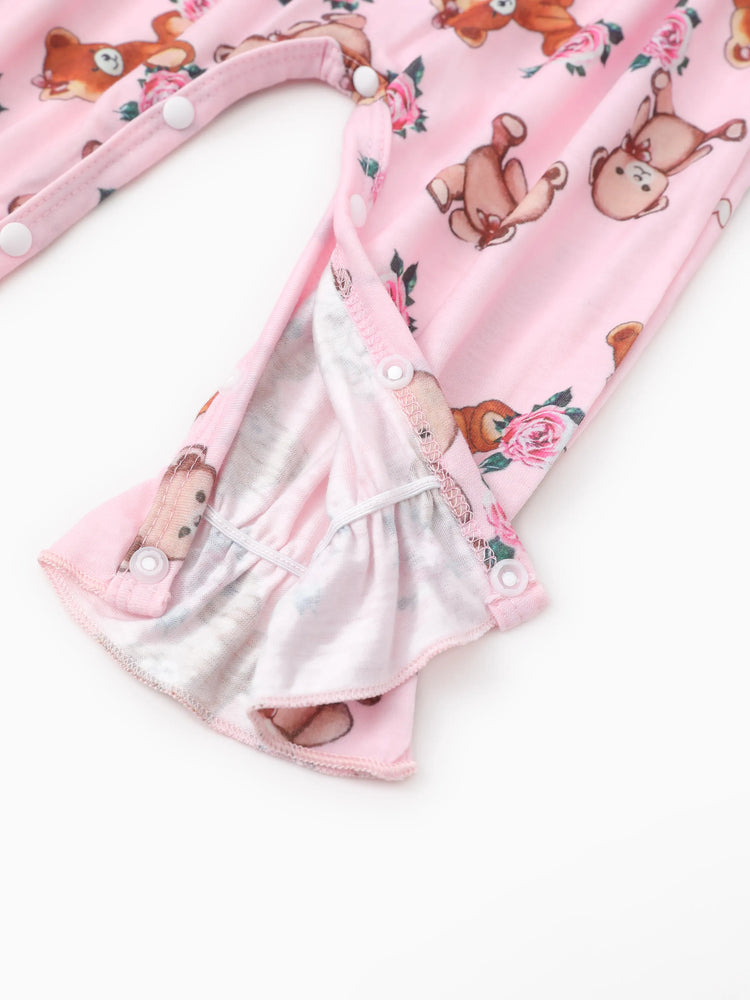 Baby Girl Bear Style Embroidered Floral Jumpsuit Pink