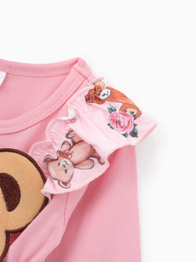 Baby Girl Bear Style Embroidered Floral Jumpsuit Pink
