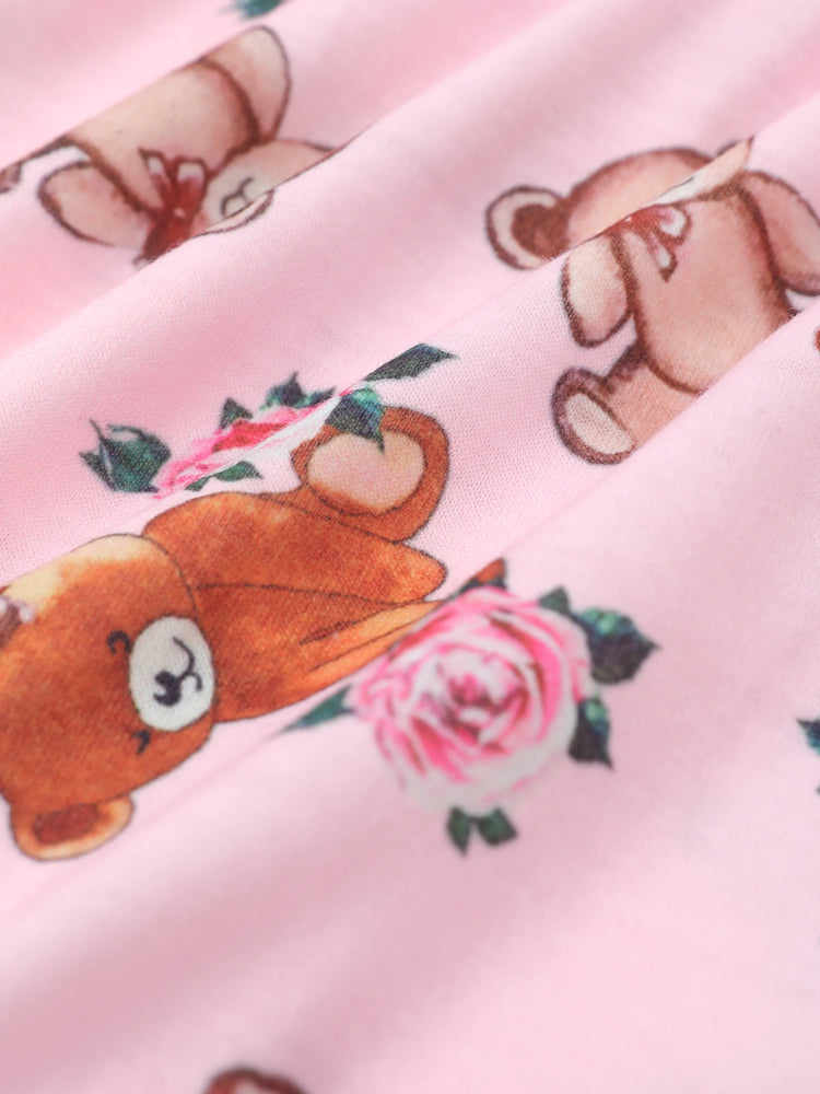 Baby Girl Bear Style Embroidered Floral Jumpsuit Pink