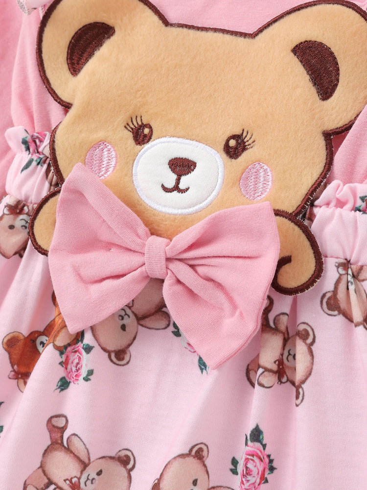 Baby Girl Bear Style Embroidered Floral Jumpsuit Pink