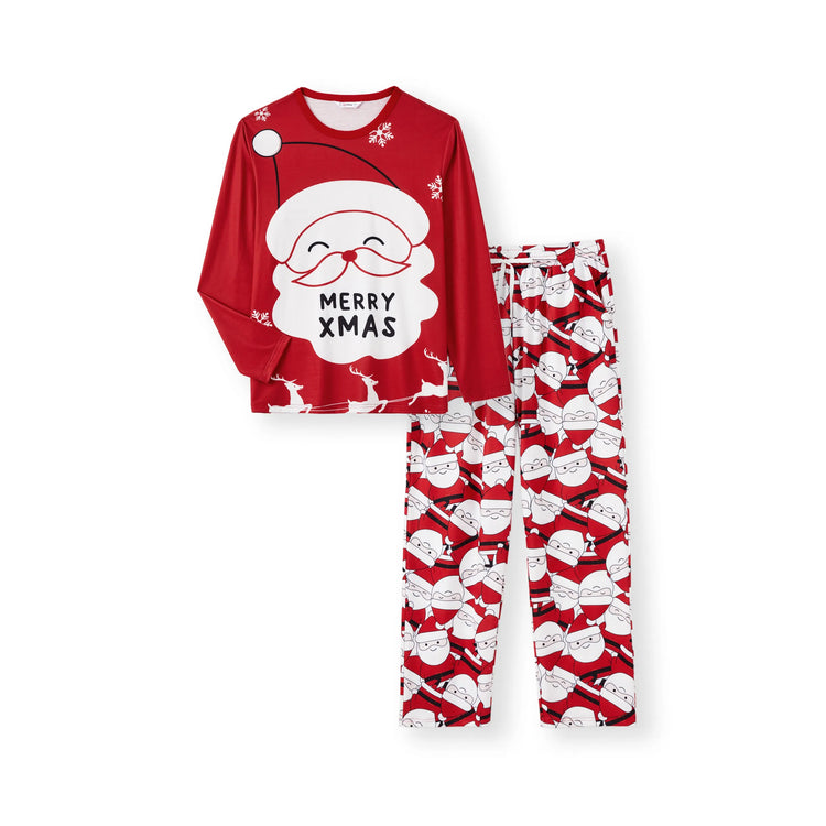 Pijama familiar navideño a juego con estampado gráfico de Papá Noel grande en la parte delantera y trasera, con bolsillos y cordón, color rojo 2