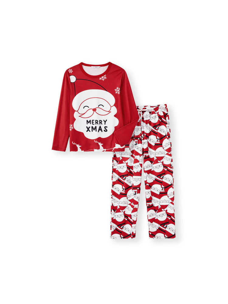 Pijama familiar navideño a juego con estampado gráfico de Papá Noel grande en la parte delantera y trasera, con bolsillos y cordón, color rojo 2