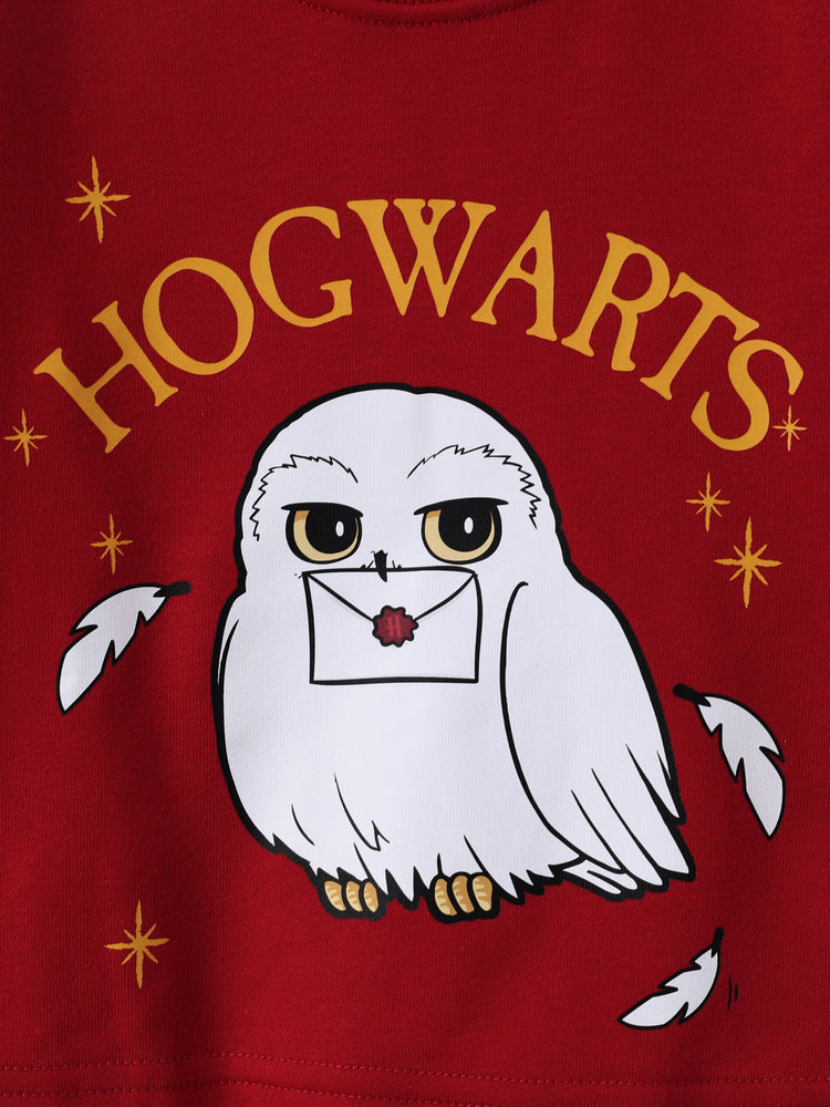 Ensemble 2 pièces Harry Potter pour fille, sweat-shirt à manches longues et jupe à carreaux avec nœud papillon, imprimé hibou, rouge