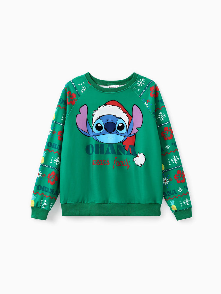 Sweat-shirt à manches longues assorti Disney Stitch avec bonnet de Père Noël, vert