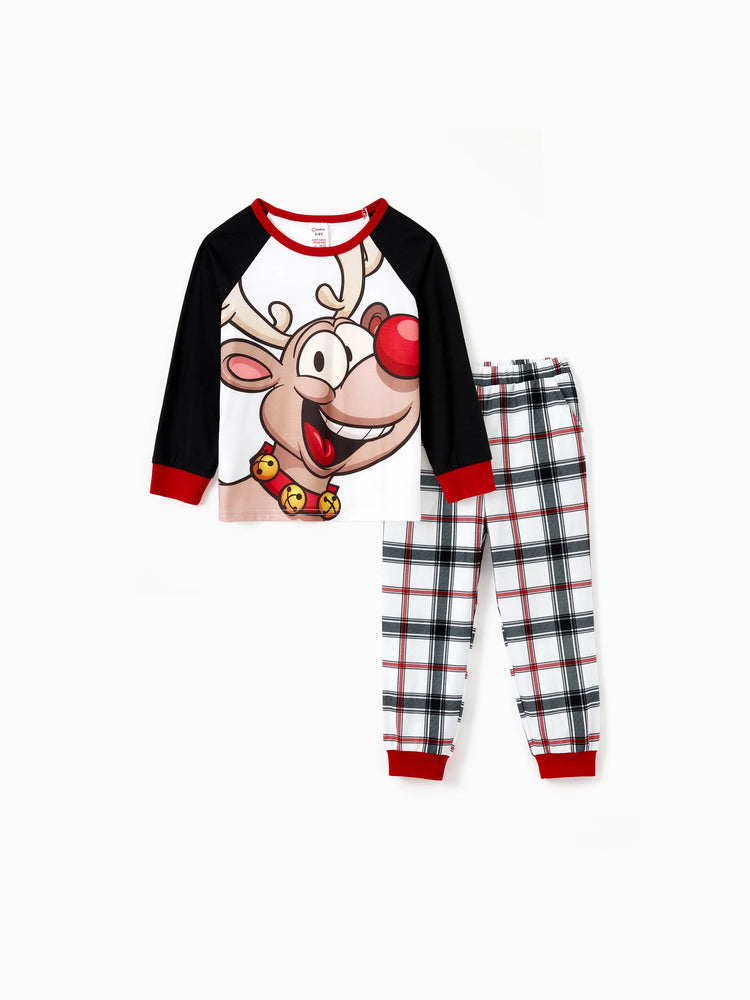 Christmas Pajamas Outfits Matching for Family Raglan Sleeves Quirky Reindeer Graphic Plaid Pants Pajamas Sets BlackandWhite
