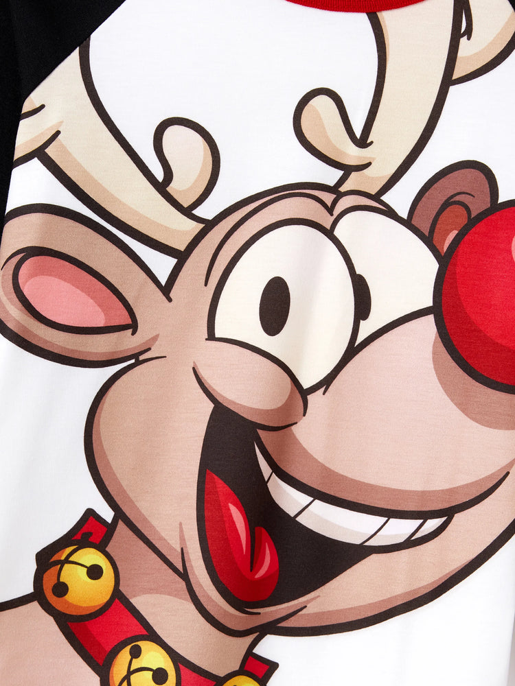 Christmas Pajamas Outfits Matching for Family Raglan Sleeves Quirky Reindeer Graphic Plaid Pants Pajamas Sets BlackandWhite