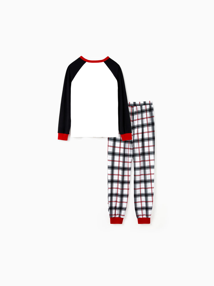 Christmas Pajamas Outfits Matching for Family Raglan Sleeves Quirky Reindeer Graphic Plaid Pants Pajamas Sets BlackandWhite