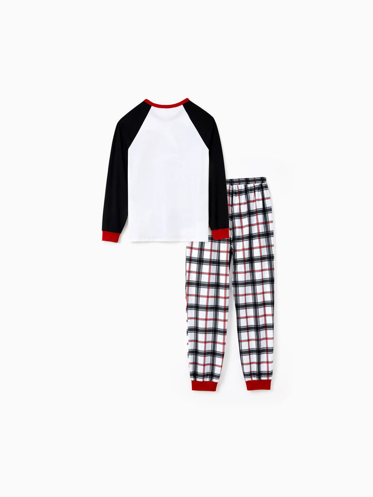Christmas Pajamas Outfits Matching for Family Raglan Sleeves Quirky Reindeer Graphic Plaid Pants Pajamas Sets BlackandWhite