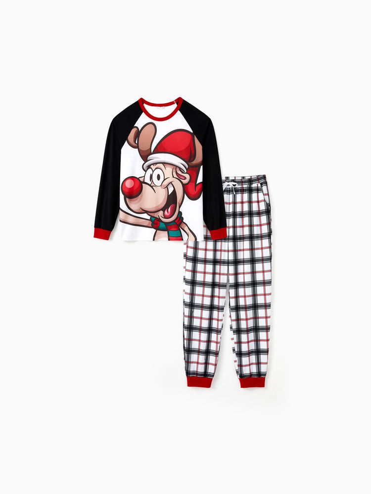 Christmas Pajamas Outfits Matching for Family Raglan Sleeves Quirky Reindeer Graphic Plaid Pants Pajamas Sets BlackandWhite