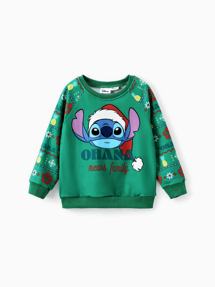 Sweat-shirt à manches longues assorti Disney Stitch avec bonnet de Père Noël, vert