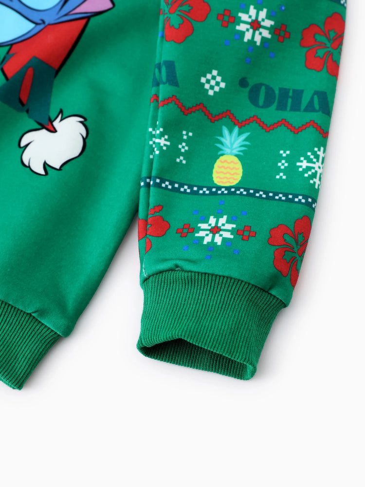 Sweat-shirt à manches longues assorti Disney Stitch avec bonnet de Père Noël, vert
