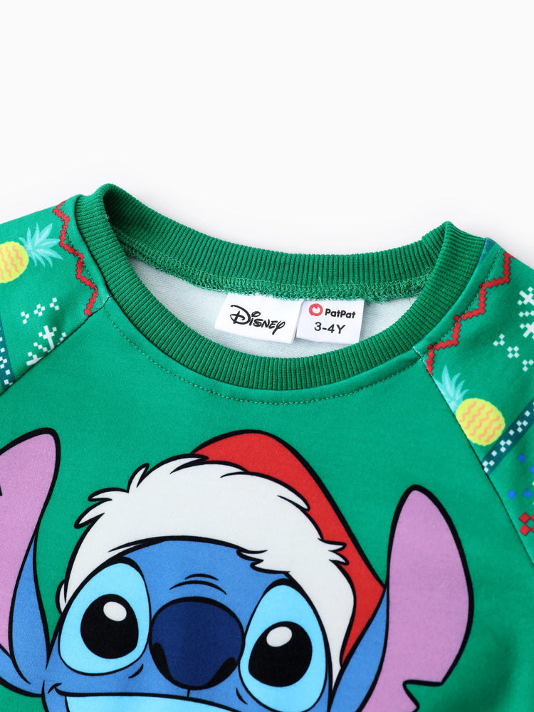 Sweat-shirt à manches longues assorti Disney Stitch avec bonnet de Père Noël, vert