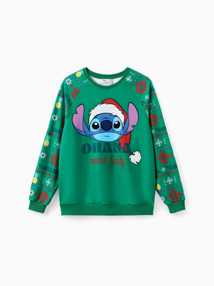 Sweat-shirt à manches longues assorti Disney Stitch avec bonnet de Père Noël, vert
