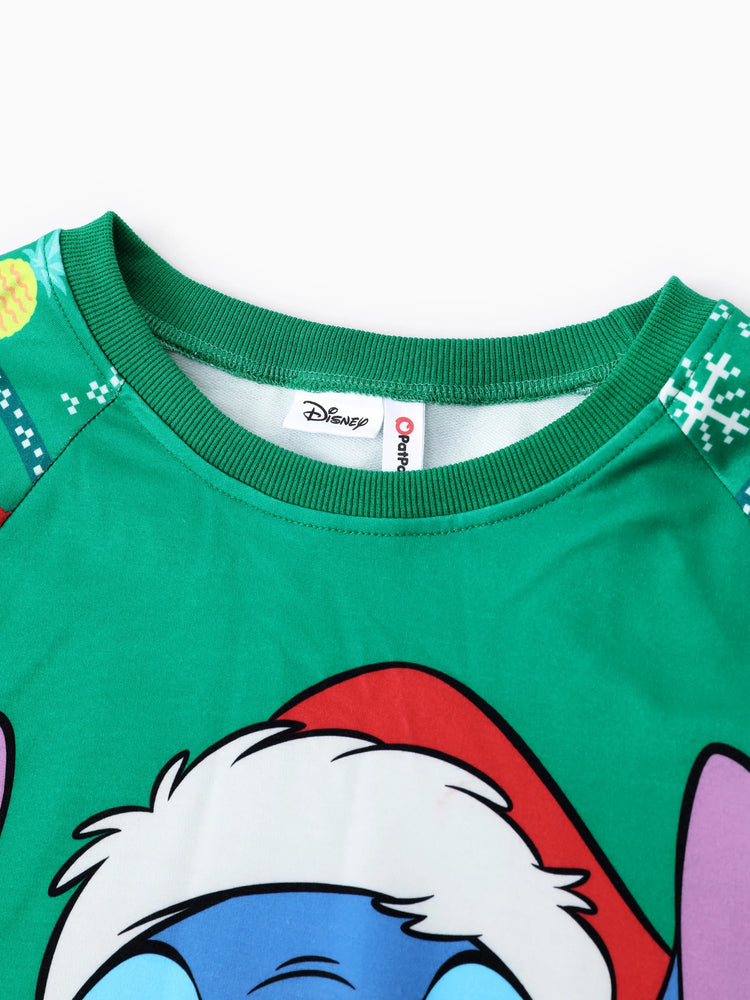 Sweat-shirt à manches longues assorti Disney Stitch avec bonnet de Père Noël, vert