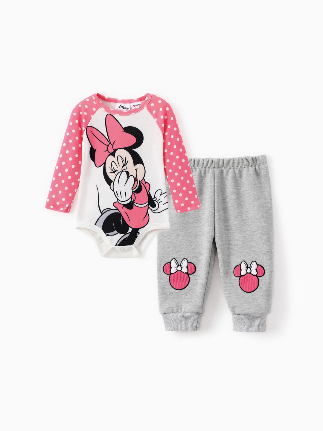 Disney Mickey and Friends Baby Girl 2pcs Minnie Naia™ Polka Dots Colorblock Long-sleeve Jumpsuit And Character Embroidered Pants Set Roseo