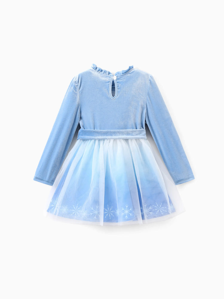 Robe 2 pièces Disney La Reine des Neiges pour petite fille, Elsa, brodée, en velours et tulle, bleu