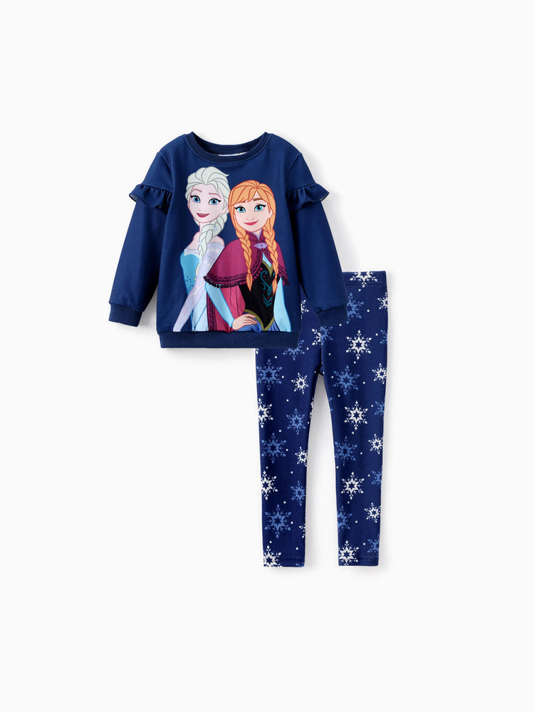 Disney Frozen Toddler Girl Elsa&Anna 2pcs Floral Flutter-sleeve Sweatshirt with Leggings Set DeepBlue