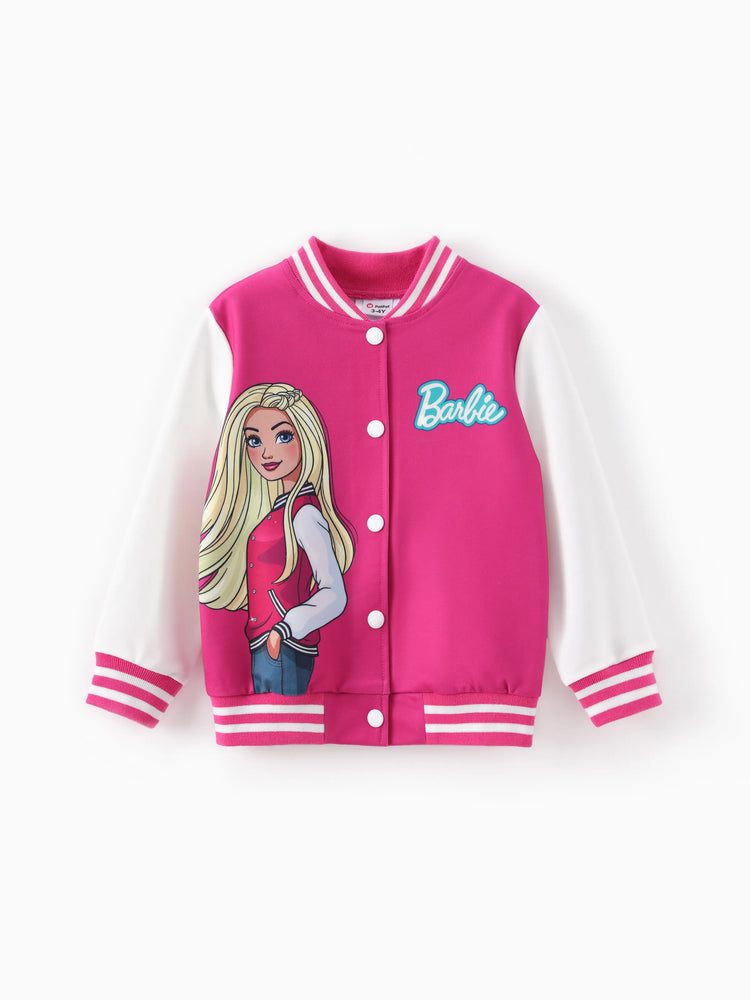Conjunto de Barbie para niña pequeña Naia: chaqueta bomber ligera con estampado de letras y bloques de color, color rosa