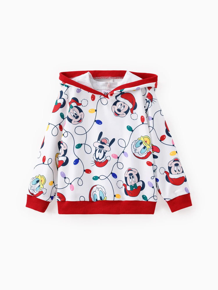 Disney Mickey and Friends Family Matching Christmas Character Allover Hooded Long-sleeve Sweatshirt REDWHITE