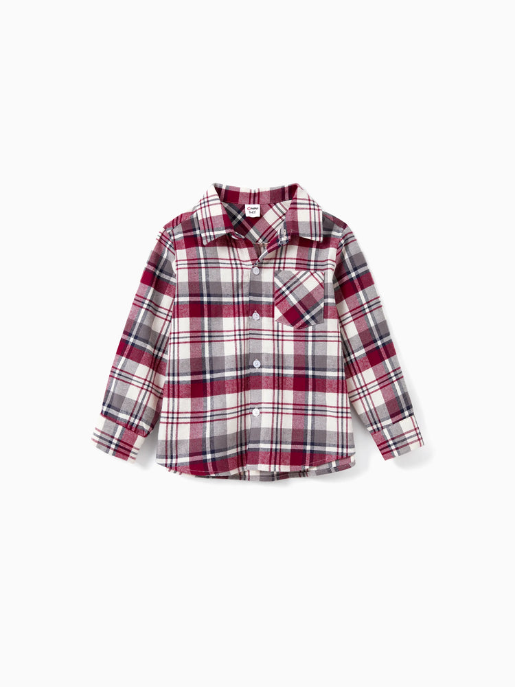 Ensembles familiaux assortis : chemise à carreaux ou robe trapèze à manches volantées en dentelle bordeaux