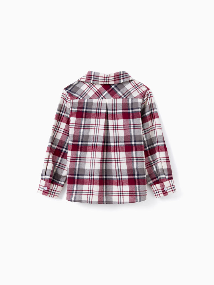 Ensembles familiaux assortis : chemise à carreaux ou robe trapèze à manches volantées en dentelle bordeaux