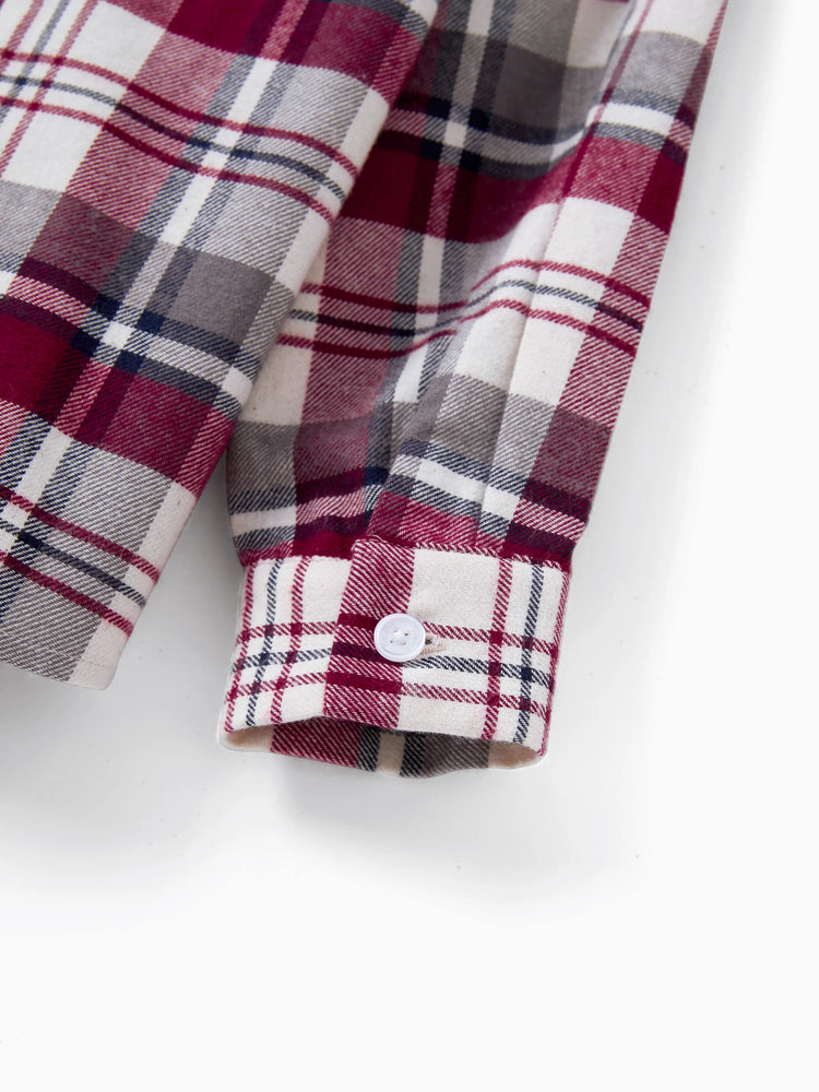 Ensembles familiaux assortis : chemise à carreaux ou robe trapèze à manches volantées en dentelle bordeaux