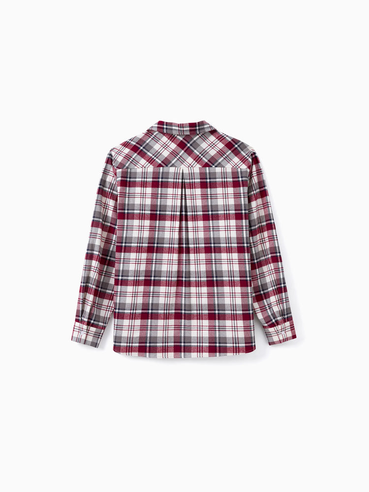 Ensembles familiaux assortis : chemise à carreaux ou robe trapèze à manches volantées en dentelle bordeaux