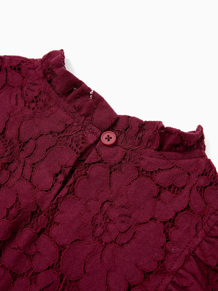 Ensembles familiaux assortis : chemise à carreaux ou robe trapèze à manches volantées en dentelle bordeaux