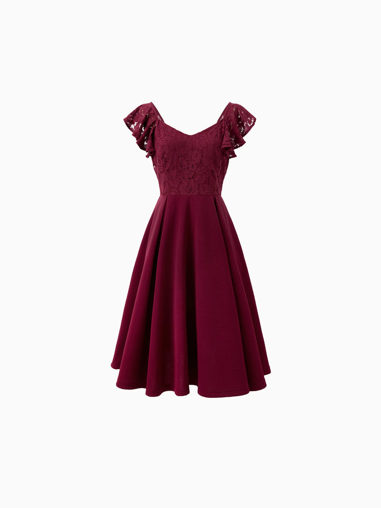 Ensembles familiaux assortis : chemise à carreaux ou robe trapèze à manches volantées en dentelle bordeaux