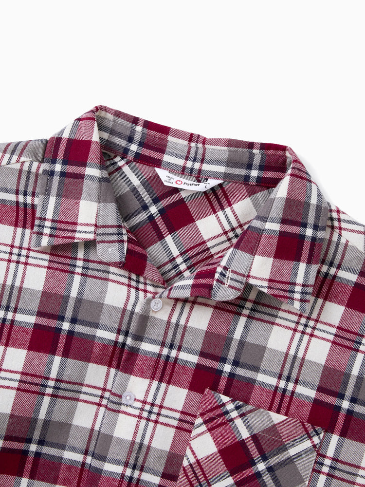 Ensembles familiaux assortis : chemise à carreaux ou robe trapèze à manches volantées en dentelle bordeaux