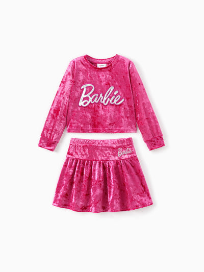Ensemble 2 pièces haut et jupe en velours brodé avec lettres pour fillette Barbie Roseo
