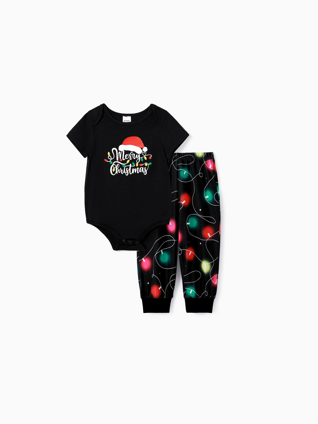Conjunto de pijama de manga corta con estampado navideño de letras y bombillas festivas a juego para toda la familia, color negro