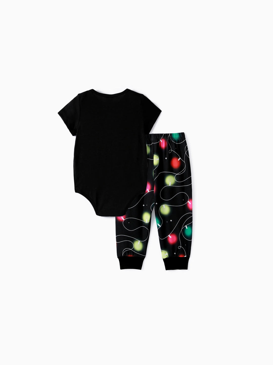 Conjunto de pijama de manga corta con estampado navideño de letras y bombillas festivas a juego para toda la familia, color negro